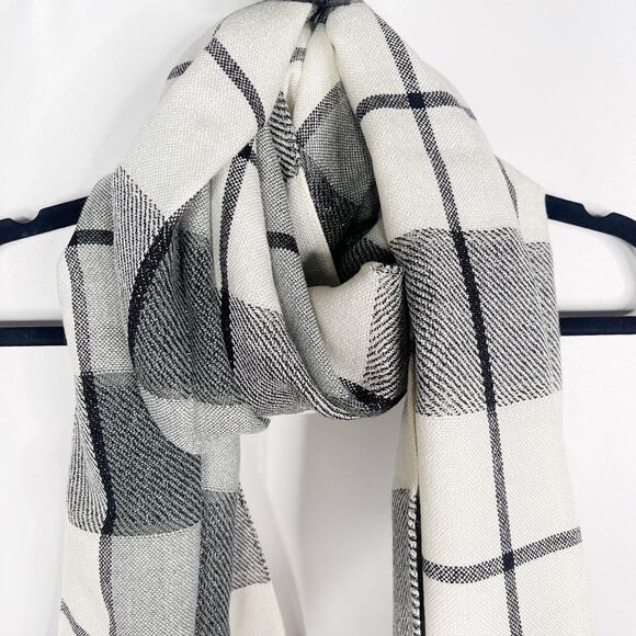 New Talbots Cream Gray Black Windowpane Plaid Scarf Shimmer Wool Blend Fringe - Picture 5 of 10